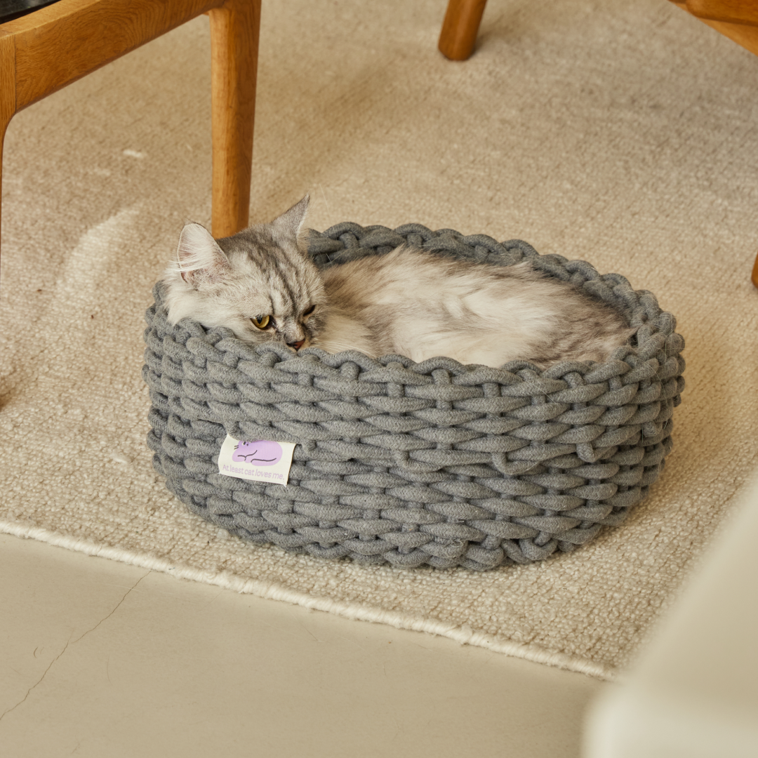 피도테일 고양이 코튼 니트 바구니 숨숨집 하우스 다크 그레이, L (42x42x20cm)