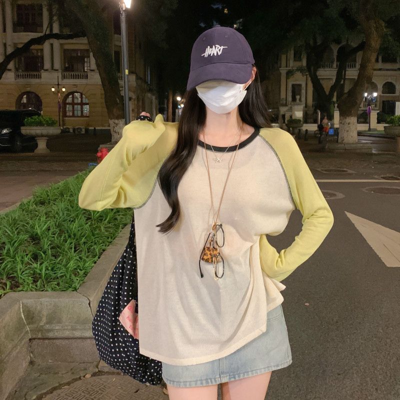 여자 여름 라운드넥 나그랑 배색 긴팔 니트 루즈핏 오버핏 린넨 텐셀 시스루 데일리 캐주얼 ZD141 - 메인 이미지