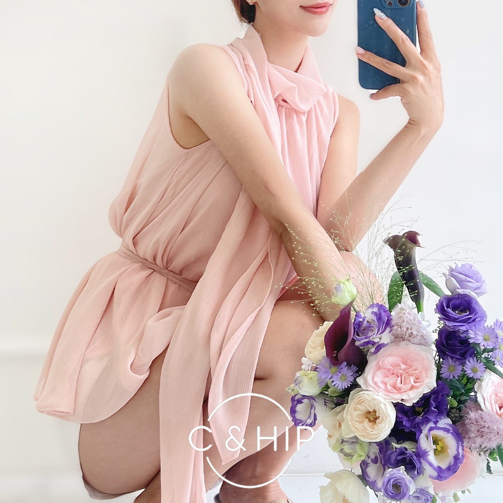 러블리 쉬폰 시스루 홀터넥 리본 타이 롱 나시 민소매 블라우스 4color - 상품 이미지