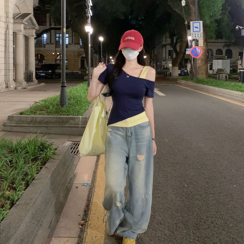 여자 여름 Y2K 유니크 데일리룩 비대칭 언발란스 스퀘어넥 숄더트임 슬림핏 쫀쫀한 스판 크롭 반팔 티셔츠 DJ03145 - 상세 이미지 3