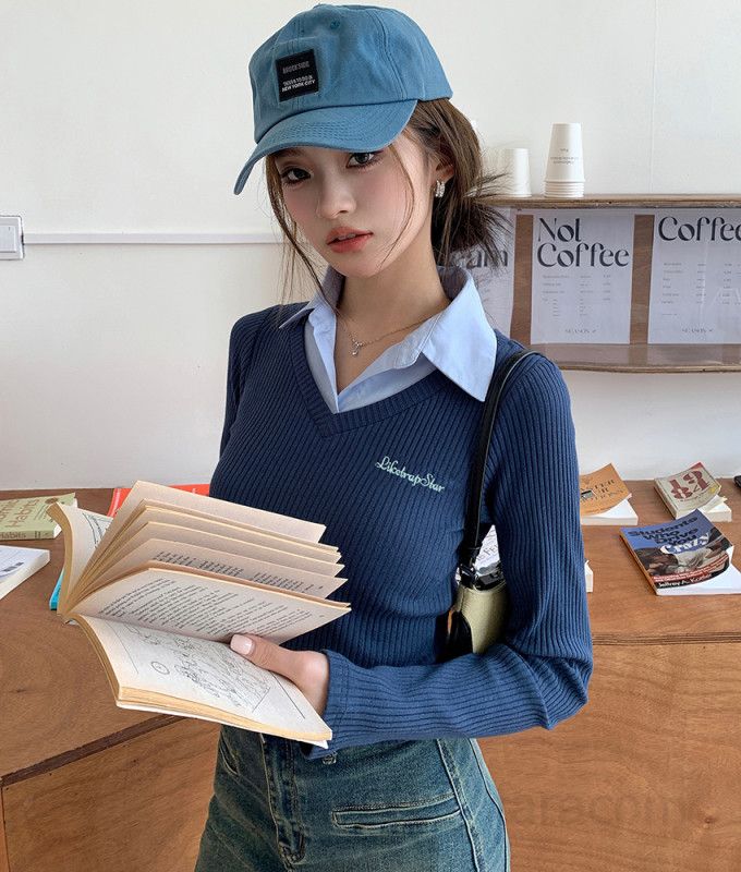 여자 봄 가을 Y2K 스트릿 레터링 카라 브이넥 페이크 레이어드 크롭 골지 긴팔 티셔츠 8225 - 상세 이미지 2