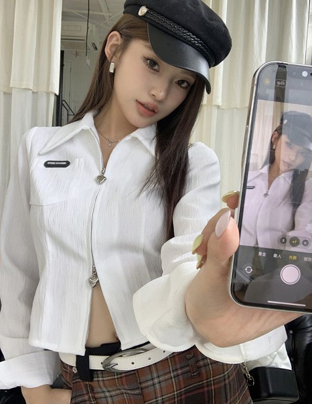 여자 하트 지퍼 크롭 집업 자켓 카라 링클 긴팔 블라우스 슬림핏 봄 가을 아우터 8306 - 상세 이미지 4