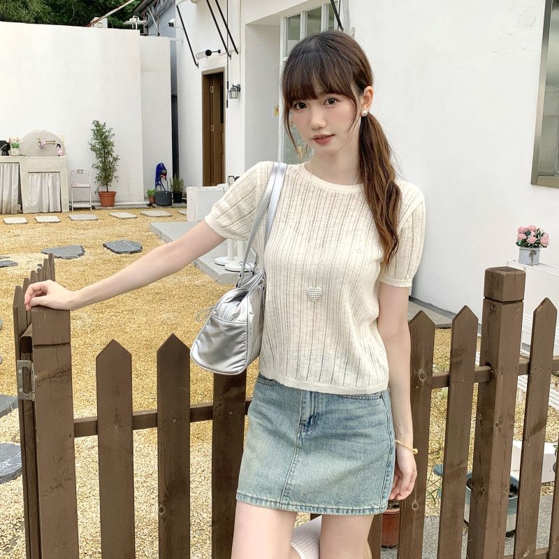 여자 여름 라운드넥 펀칭 시스루 반팔 티셔츠 러블리 데일리 니트 캐주얼 슬림핏 ZD137 - 상품 이미지