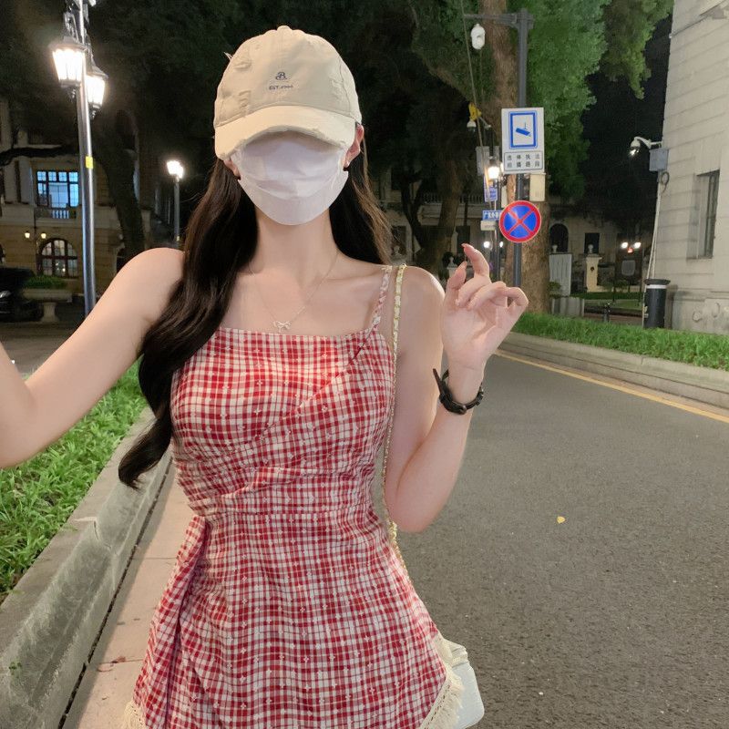 여자 여름 체크 뷔스티에 끈나시 언발 밑단 프린지 수술 슬림핏 Y2K 페미닌 데일리 바캉스룩 B08101 - 상세 이미지 4