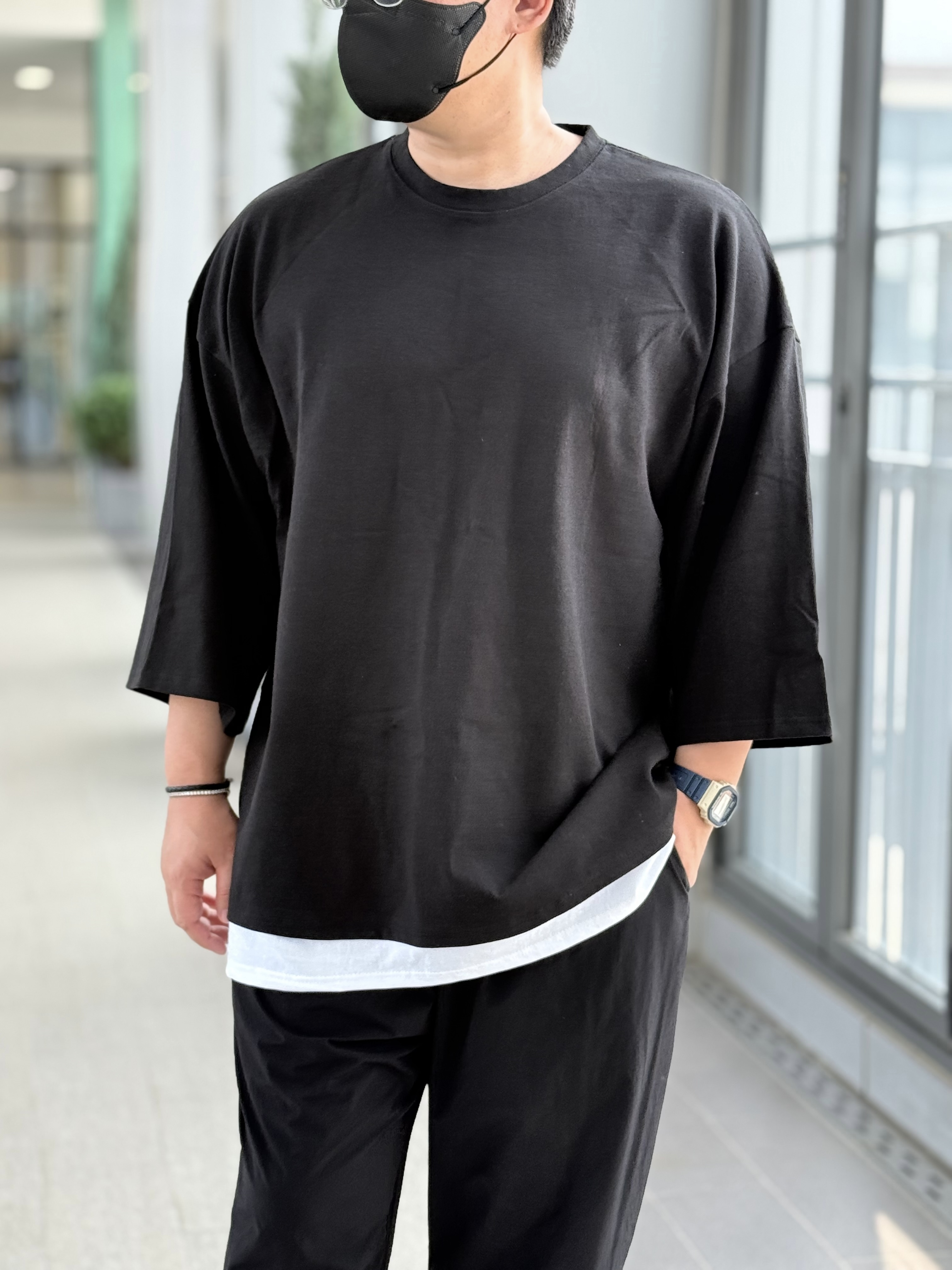 남자 빅사이즈 레이어드 여름 가을 7부 반팔 남녀공용 커플 무지 오버핏 티셔츠