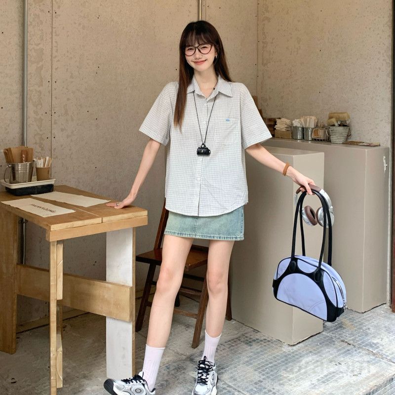 여자 여름 체크 반팔 셔츠 폴로카라 루즈핏 오버핏 면100 포켓 데일리 캐주얼 학생룩 캠퍼스룩 D07499P - 상세 이미지 4