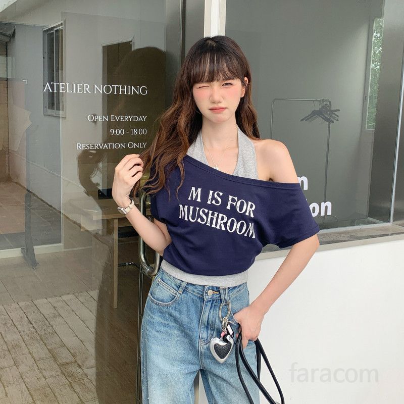 여자 여름 Y2K 스트릿 데일리룩 레터링 프린팅 오버핏 오프숄더 레이어드 홀터넥 나시 세트 면 반팔 티셔츠 DJ08108-1 - 상세 이미지 5