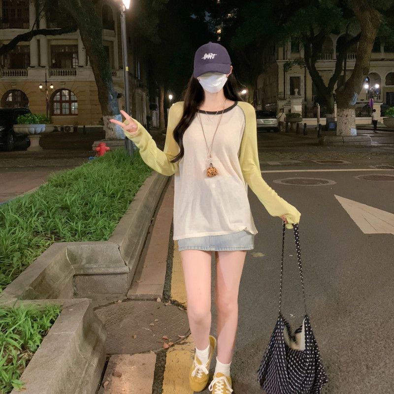 여자 여름 라운드넥 나그랑 배색 긴팔 니트 루즈핏 오버핏 린넨 텐셀 시스루 데일리 캐주얼 ZD141 - 상세 이미지 5