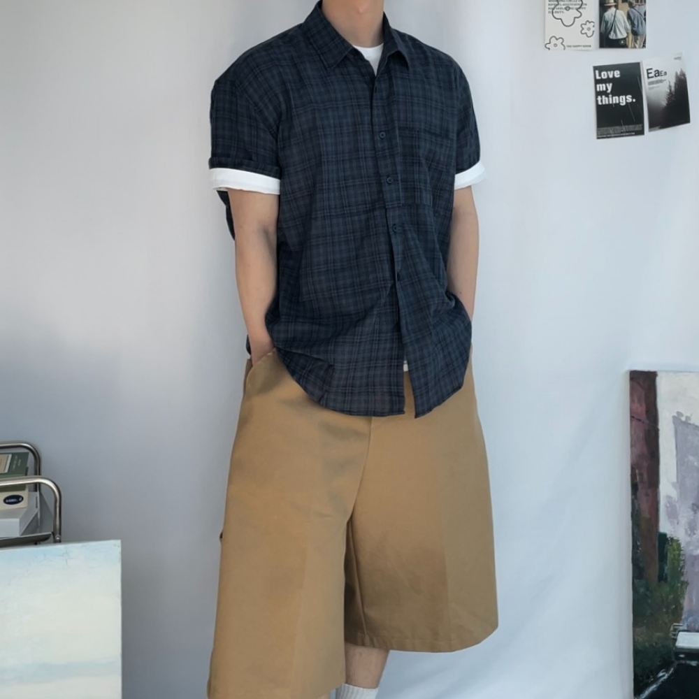 반팔 체크 셔츠 남자 여름 시스루 루즈핏 남방 - 상세 이미지 4