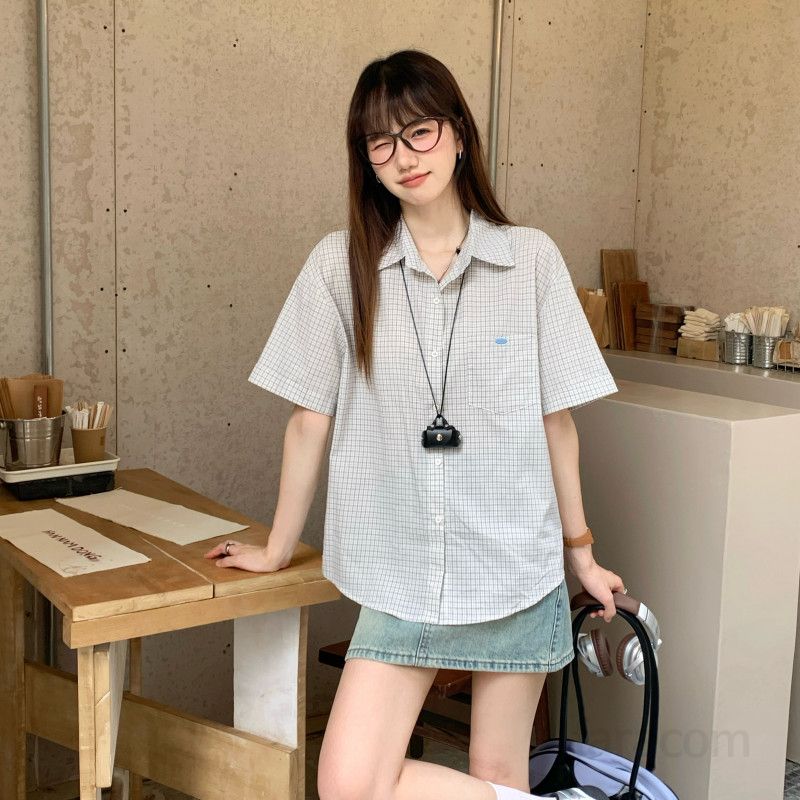 여자 여름 체크 반팔 셔츠 폴로카라 루즈핏 오버핏 면100 포켓 데일리 캐주얼 학생룩 캠퍼스룩 D07499P - 상세 이미지 2