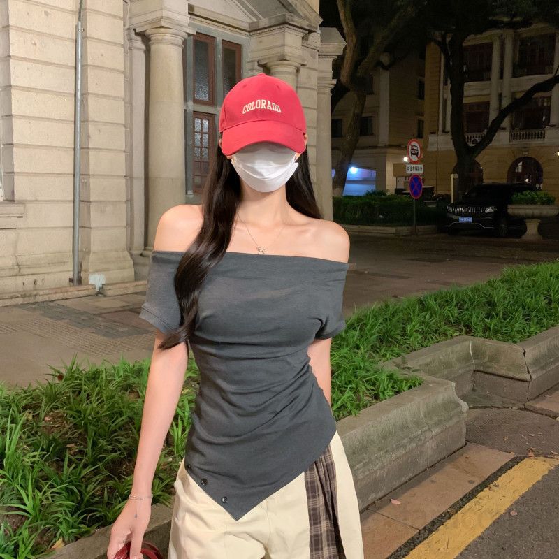 여자 여름 페미닌 카울넥 셔링 언발란스 밑단 데일리 슬림핏 스판 반팔 티셔츠 D03154P-1 - 상세 이미지 4