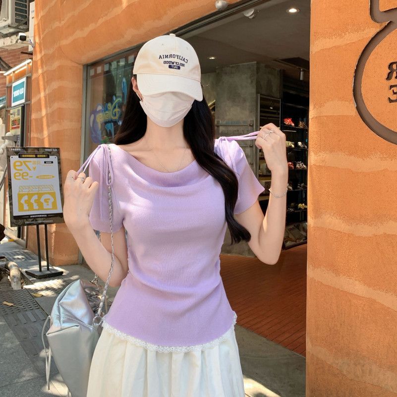여자 여름 오프숄더 보트넥 숄더리본 반팔 니트 Y2K 슬림핏 쫀쫀한 여리여리핏 데일리 파티룩 ZD132 - 상세 이미지 3