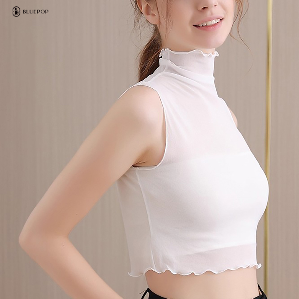 여성 프릴 레이스 시스루 나시 페이크 이너 넥 티셔츠 - 상세 이미지 3