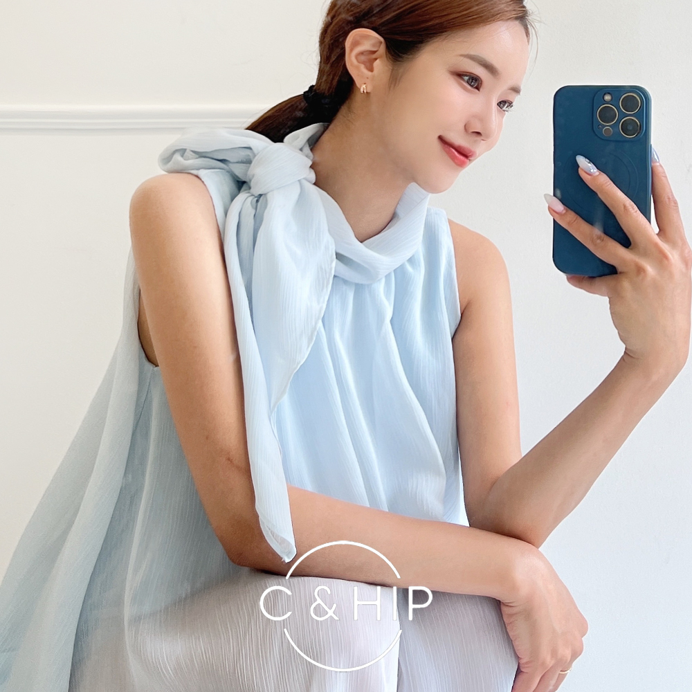 러블리 쉬폰 시스루 홀터넥 리본 타이 롱 나시 민소매 블라우스 4color - 상세 이미지 5
