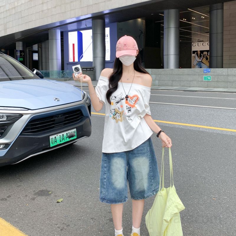 여자 여름 오프숄더 원숄더 언발 강아지 캐릭터 그래픽 반팔 티셔츠 루즈핏 Y2K 힙한 데일리룩 D01316-1 - 상세 이미지 5
