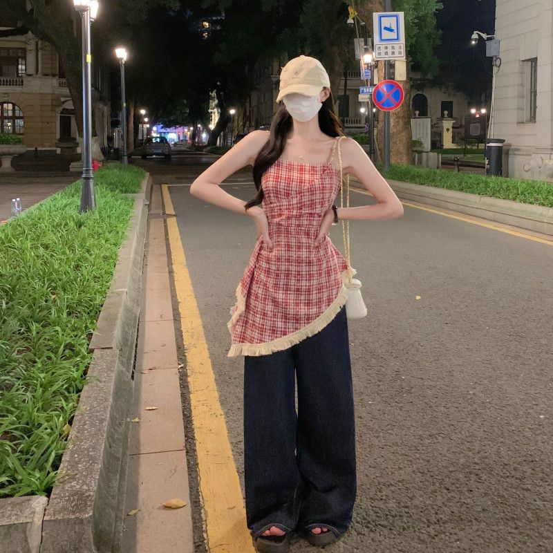 여자 여름 체크 뷔스티에 끈나시 언발 밑단 프린지 수술 슬림핏 Y2K 페미닌 데일리 바캉스룩 B08101 - 상세 이미지 2