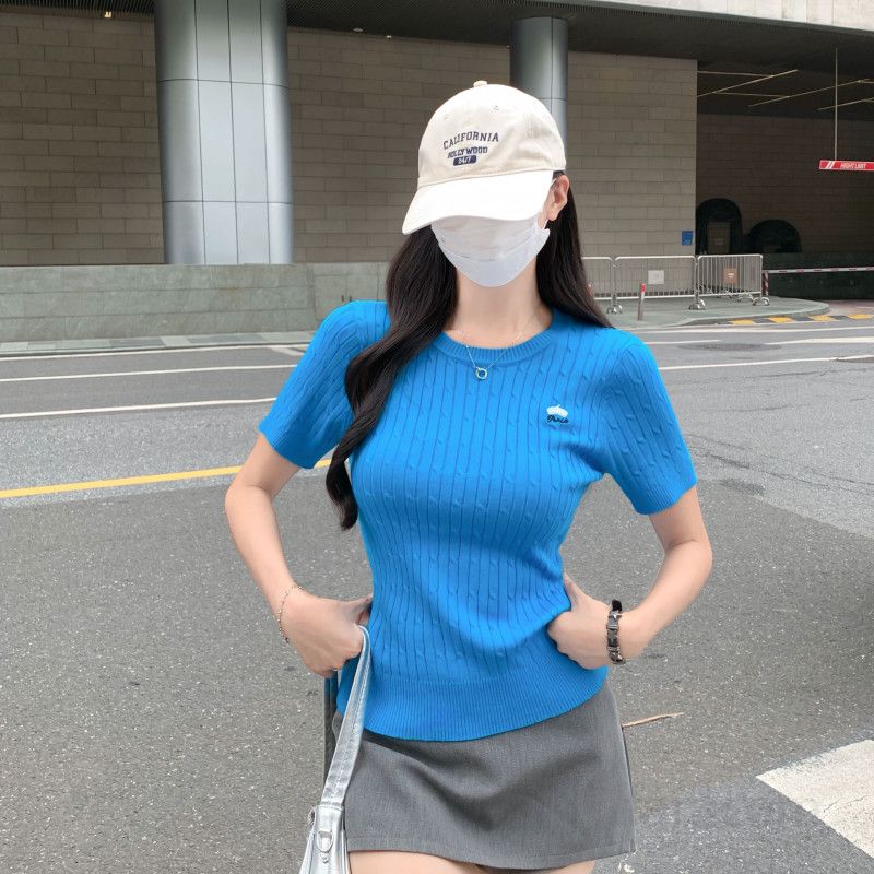 여자 여름 라운드넥 꽈배기 반팔 니트 골지 자수 로고 슬림핏 쫀쫀한 출근룩 오피스룩 데일리룩 ZD140 - 상세 이미지 2