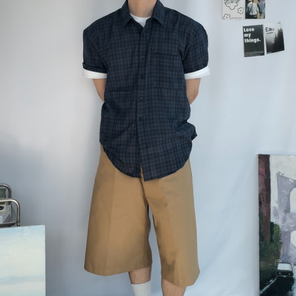 반팔 체크 셔츠 남자 여름 시스루 루즈핏 남방 - 상세 이미지 3