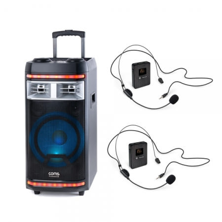 Coms 버스킹 이동식 앰프 스피커 충전식 본체 + UHF 헤드 핀 마이크 2개 CR400PSCD