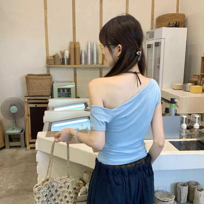 여자 여름 Y2K 원숄더 오프숄더 언발 반팔 티셔츠 드레이프 넥 슬림핏 쫀쫀한 여리여리핏 파티룩 D03158 - 상세 이미지 2