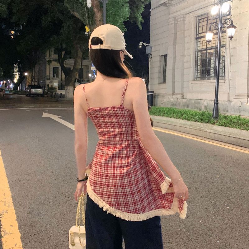 여자 여름 체크 뷔스티에 끈나시 언발 밑단 프린지 수술 슬림핏 Y2K 페미닌 데일리 바캉스룩 B08101 - 상세 이미지 5