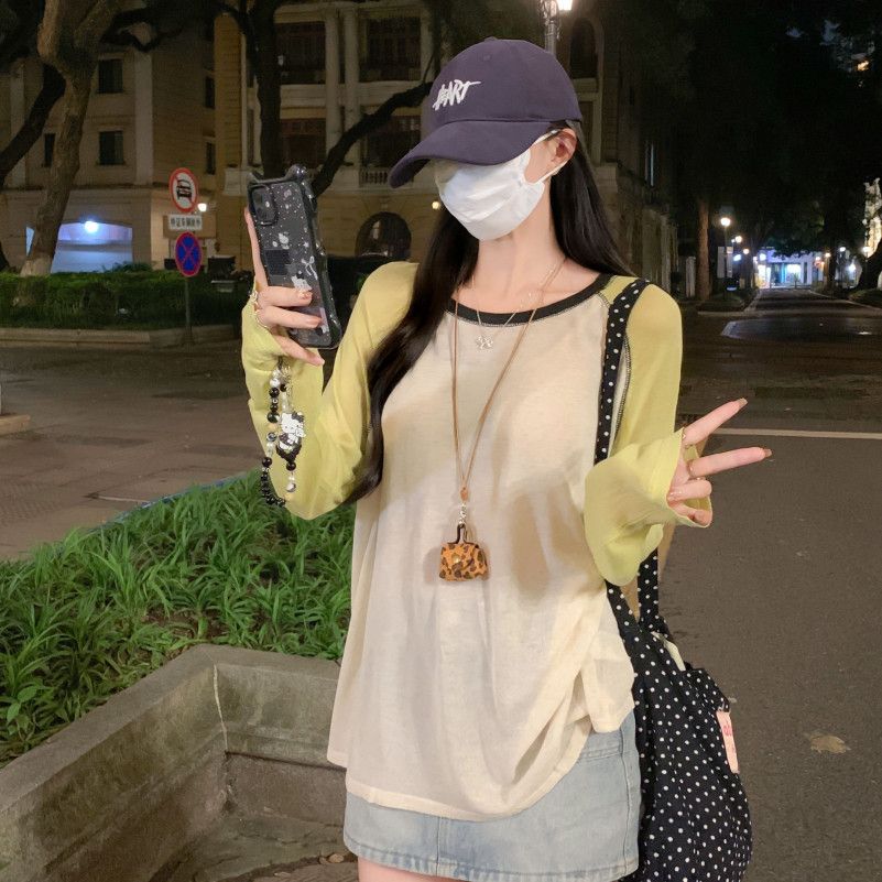 여자 여름 라운드넥 나그랑 배색 긴팔 니트 루즈핏 오버핏 린넨 텐셀 시스루 데일리 캐주얼 ZD141 - 상세 이미지 2