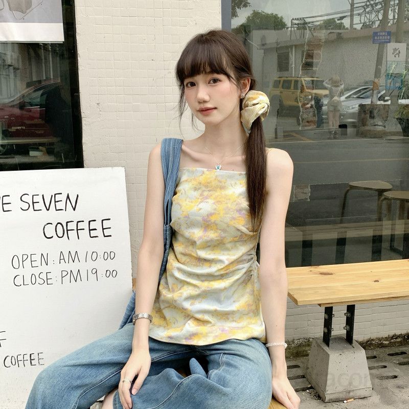 여자 여름 유니크 데일리 Y2K 자이언트 패턴 스퀘어넥 셔링 민소매 나시 슬림핏 코튼 탑 B08122P - 메인 이미지
