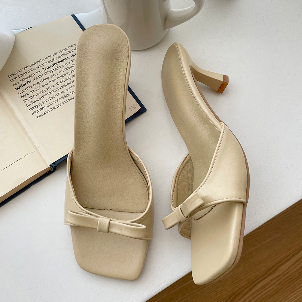 리본 스트랩 뮬 슬리퍼 힐 구두