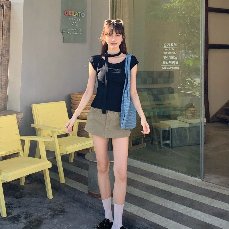 여자 여름 오프숄더 보트넥 숄더리본 반팔 티셔츠 캡소매 슬림핏 Y2K 여리여리핏 데일리 파티룩 D01310P - 상세 이미지 5