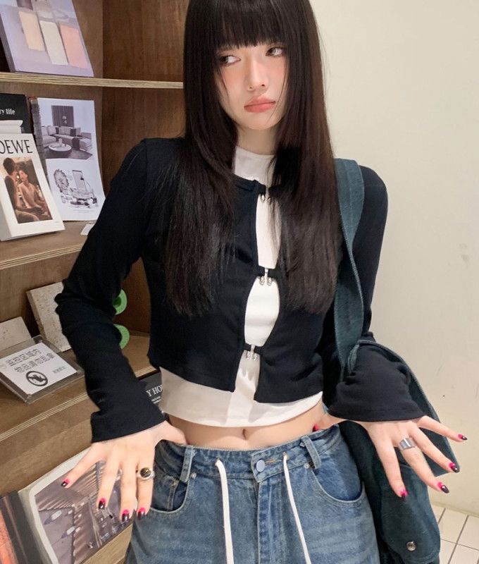 여자 봄 가을 Y2K 스트릿 데일리 크롭 나시 가디건 세트 골지 라운드넥 긴팔 탑 8074 - 상세 이미지 4