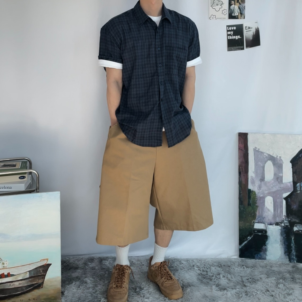 반팔 체크 셔츠 남자 여름 시스루 루즈핏 남방 - 상세 이미지 2