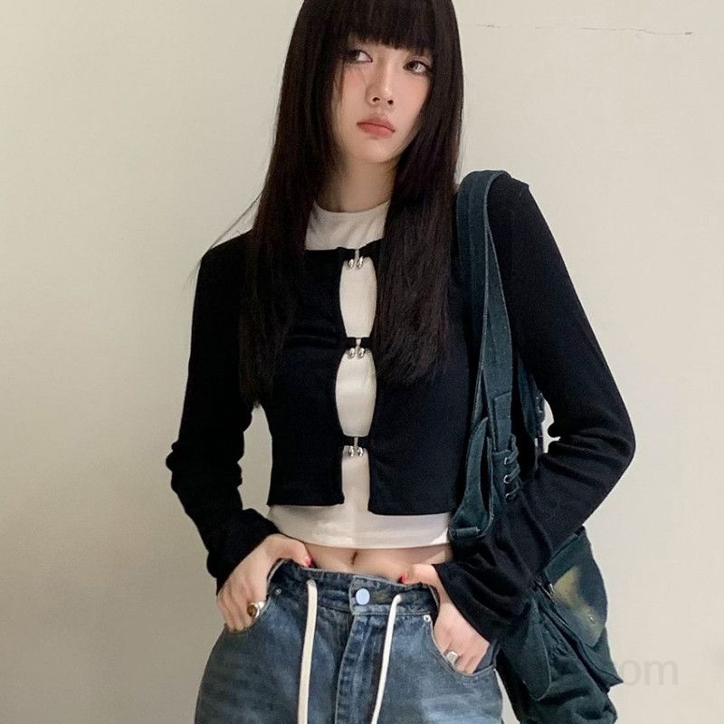 여자 봄 가을 Y2K 스트릿 데일리 크롭 나시 가디건 세트 골지 라운드넥 긴팔 탑 8074 - 상품 이미지
