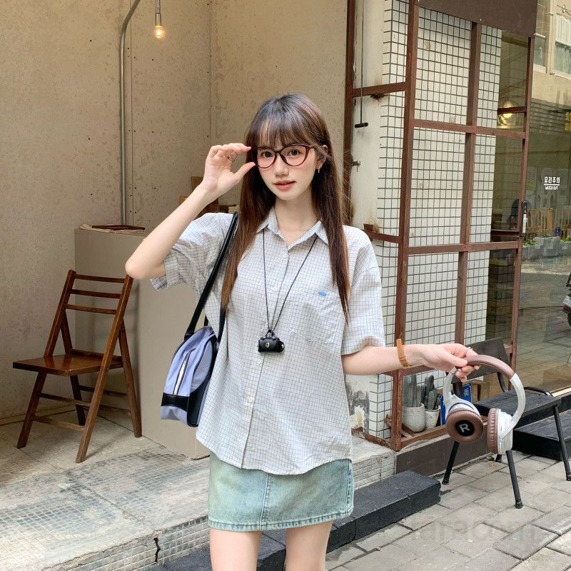 여자 여름 체크 반팔 셔츠 폴로카라 루즈핏 오버핏 면100 포켓 데일리 캐주얼 학생룩 캠퍼스룩 D07499P - 상세 이미지 3