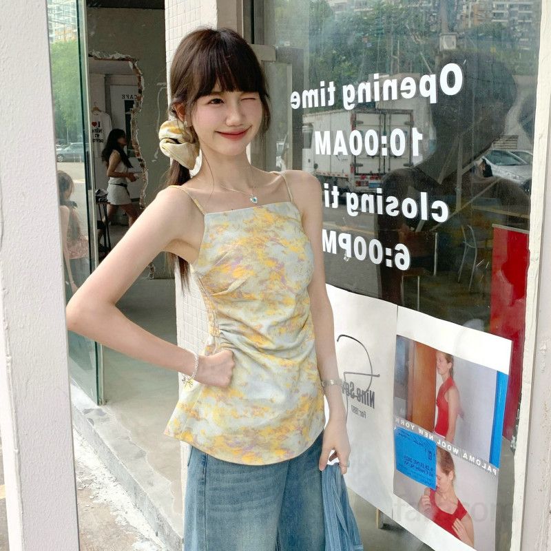 여자 여름 유니크 데일리 Y2K 자이언트 패턴 스퀘어넥 셔링 민소매 나시 슬림핏 코튼 탑 B08122P - 상세 이미지 5
