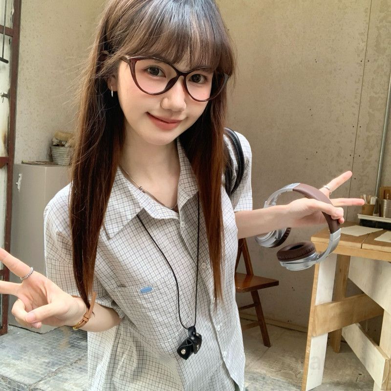 여자 여름 체크 반팔 셔츠 폴로카라 루즈핏 오버핏 면100 포켓 데일리 캐주얼 학생룩 캠퍼스룩 D07499P - 상세 이미지 5