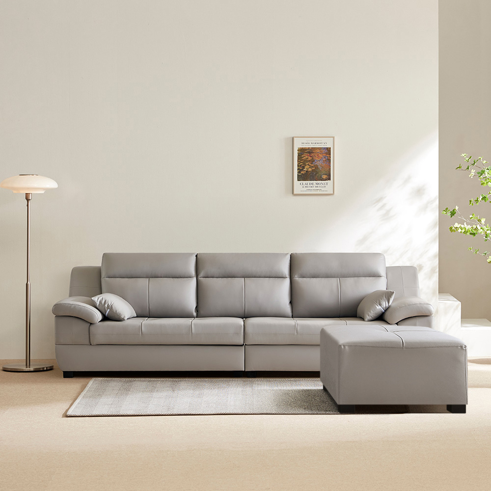 동서가구 천연 면피가죽 테라 소파 스툴포함, 라이트그레이, 4인용