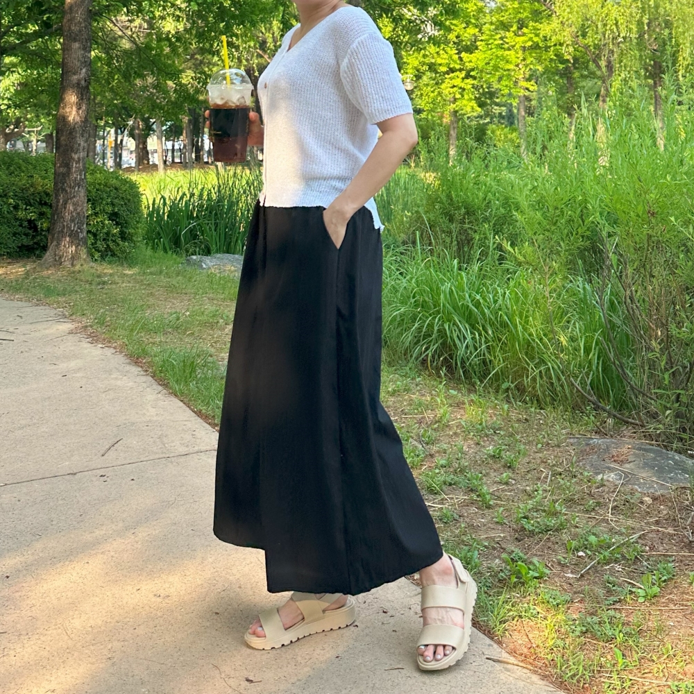 빅사이즈 77 88 바스락 와이드 팬츠 여성 9부 밴딩 치마 바지 플레어 슬랙스 블랙 차콜 - 상세 이미지 3