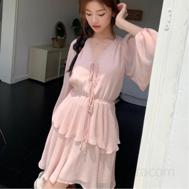 여자 러블리 V넥 캉캉 티어드 미니 원피스 쉬폰 소재 슬림핏 허리 스트랩 봄 가을 데이트 드레스 8217 - 상품 이미지