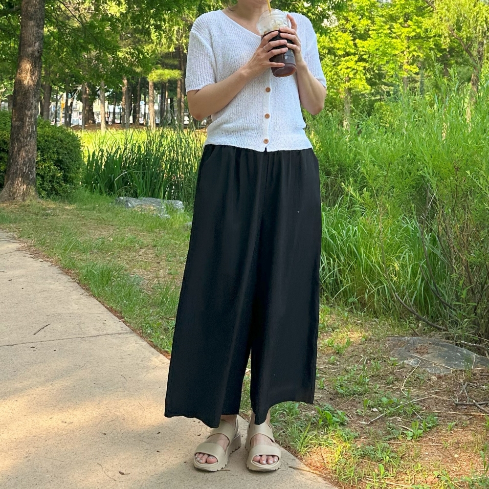 빅사이즈 77 88 바스락 와이드 팬츠 여성 9부 밴딩 치마 바지 플레어 슬랙스 블랙 차콜 - 상세 이미지 2