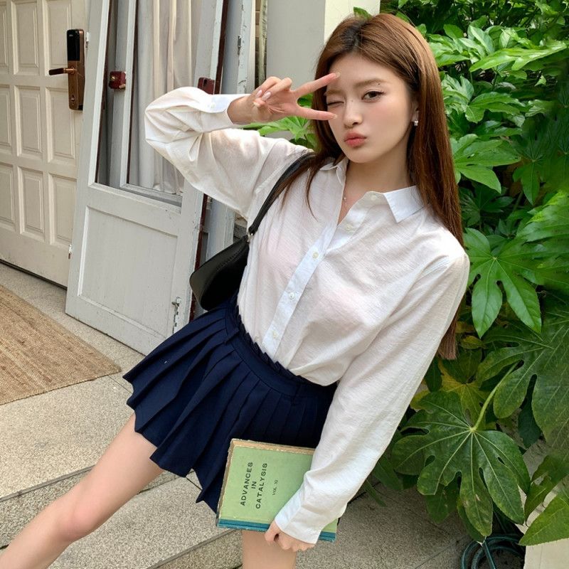 여자 봄 가을 긴팔 베이직 루즈핏 솔리드 셔츠 기본 카라 데일리 남방 오피스룩 블라우스 8538 - 상품 이미지