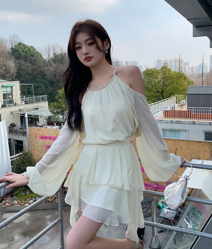 여자 러블리 홀터넥 오프숄더 투피스 세트 쉬폰 티어드 러플 미니 스커트 블라우스 봄 가을 드레스 8096 - 상세 이미지 4