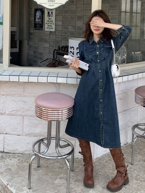 여자 봄 가을 데일리 카라 데님 원피스 A라인 7부소매 미디 롱 청원피스 버튼 루즈핏 드레스 다양한 사이즈 4858 - 상세 이미지 4