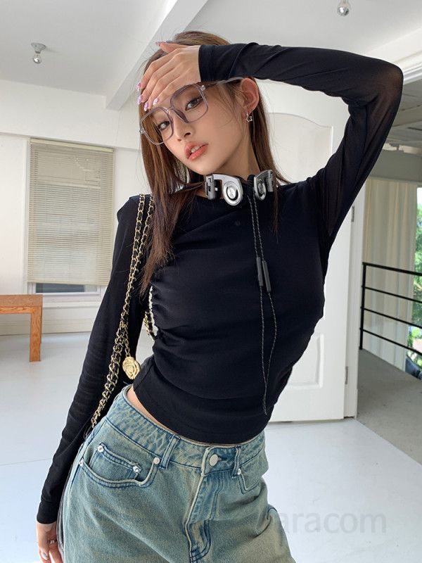 여자 슬림핏 시스루 메쉬 긴팔 라운드넥 크롭 티셔츠 데일리 기본 심플 코디 봄 가을 8301 - 상세 이미지 5