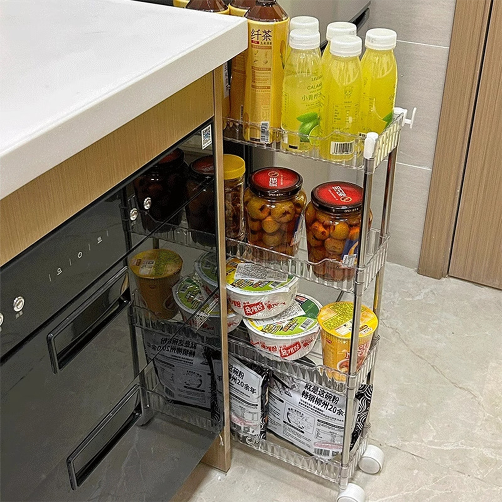 투명 틈새 트롤리 바퀴달린 수납장 세탁실 틈새 선반 슬림 4단 이동식 트롤리