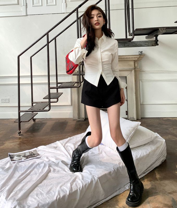 여자 코튼 언발밑단 슬림핏 긴팔 셔츠 카라 블라우스 데일리 오피스룩 기본 깔끔한 봄 가을 8138 - 상세 이미지 4