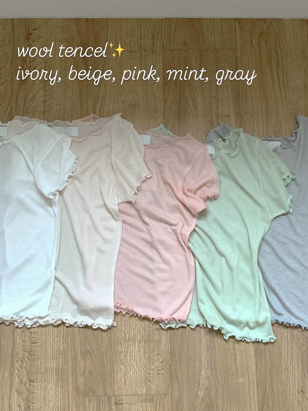 오버무드 캡소매 보트넥 웨이브 텐셀 레이어드 시스루 크롭 반팔티 5color - 상품 이미지