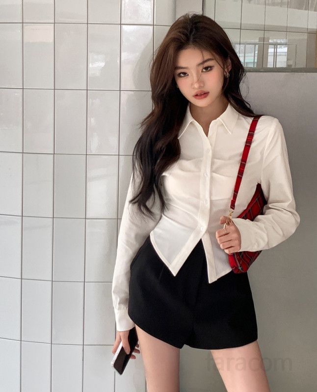 여자 코튼 언발밑단 슬림핏 긴팔 셔츠 카라 블라우스 데일리 오피스룩 기본 깔끔한 봄 가을 8138 - 상세 이미지 3