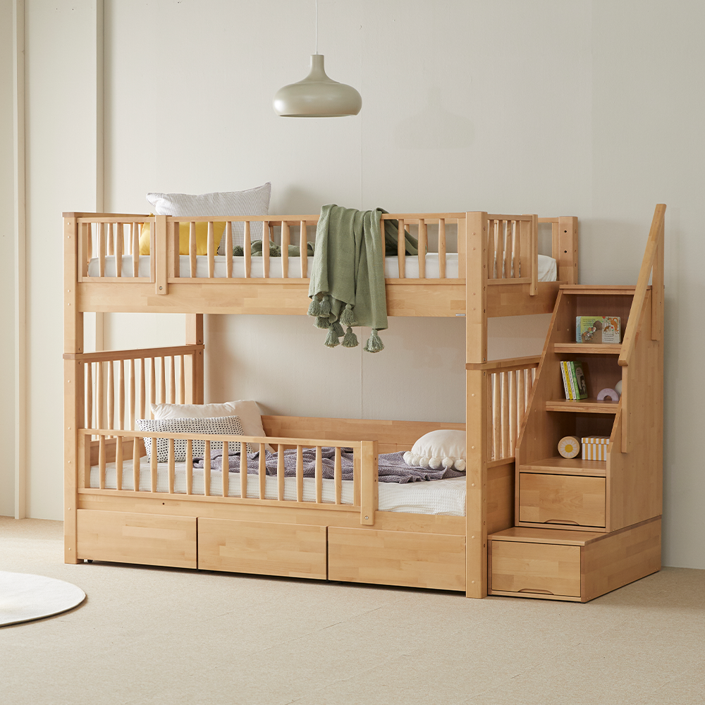 우드몽드 국내제작 자작나무 원목 수납형계단사다리 2층침대 1층 가드,하단 서랍 미포함