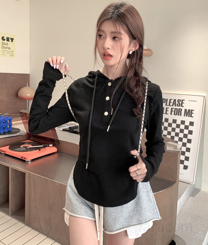 여자 데일리 루즈핏 솔리드 버튼 후드티 긴팔 티셔츠 편안한 면스판 헨리넥 코튼 기본 캐주얼 일상룩 후드티셔츠 봄 가을 8223 - 상세 이미지 2