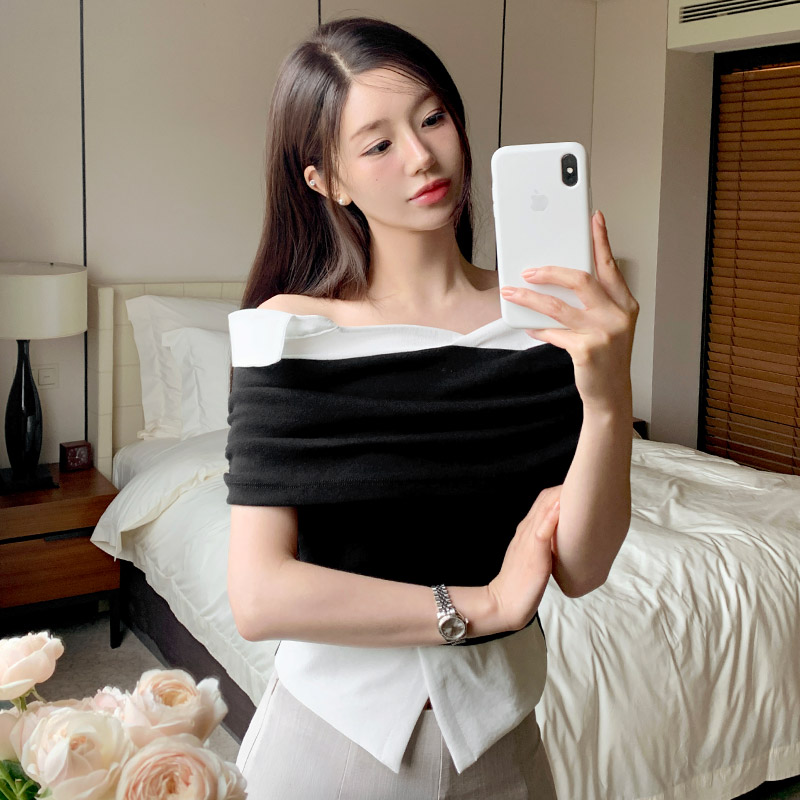 로재브 레이어드 배색 셔츠 오프숄더 티 ts4652 - 상세 이미지 3